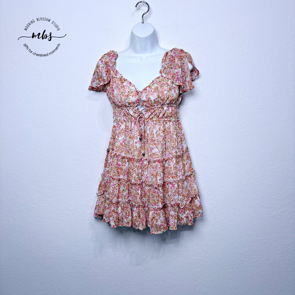 NWT Sky To Moon Floral Tiered Ruffle Sweetheart Mini‎ Dress Orange Women L
